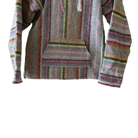 Mexican Boho Hooded Baja-Stripe Multicolor Unisex Pullover Pancho Sweater SZ S - Picture 4 of 10